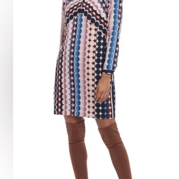 DONNA Morgan Long Sleeve Blue, Brown & Cream Circle Print Mini Dress Size 8 NWT - Picture 3 of 14